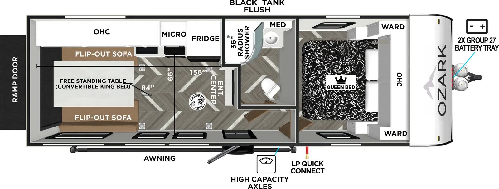 The Ozark 2500THK floorplan is a toy hauler that has one entry and zero slide outs. Exterior features include: fiberglass exterior and 15' awning. Interiors features include: front bedroom.